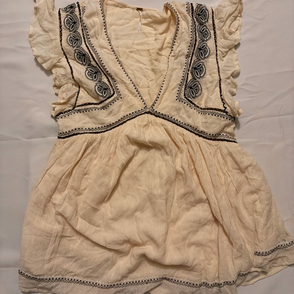 Free People Cream Blouse with Black Embroidery